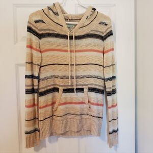 Maurices Striped Lightweight Hoody Shirt Cream V Neck Jawstring Pockets